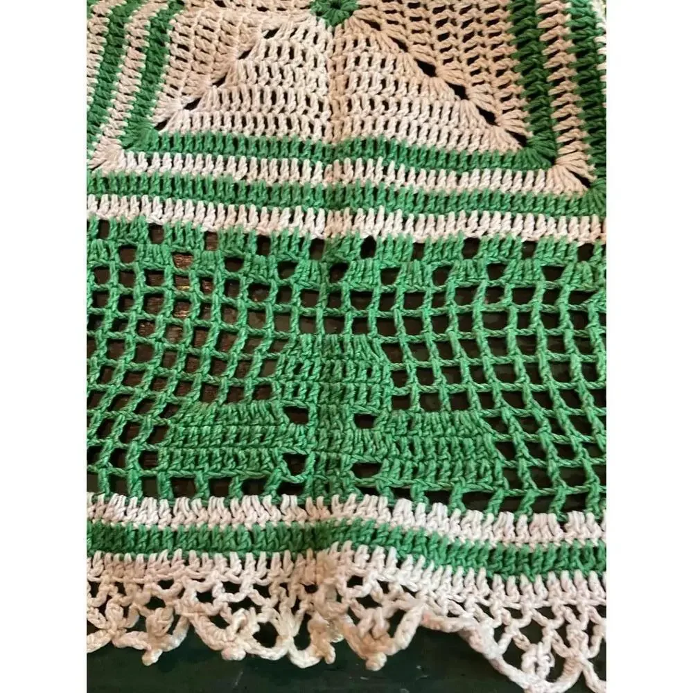 Vintage Green and White Crocheted Tablecloth Runner 20” X 23”